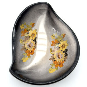 Vintage Mid Century Modern Ashtray Ceramic Flowers Black Gray Tobacciana